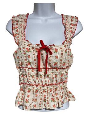 Sim & Sam Womens Floral Print Ruffled Top Size M JR Cotton Smocked Peach Ivory